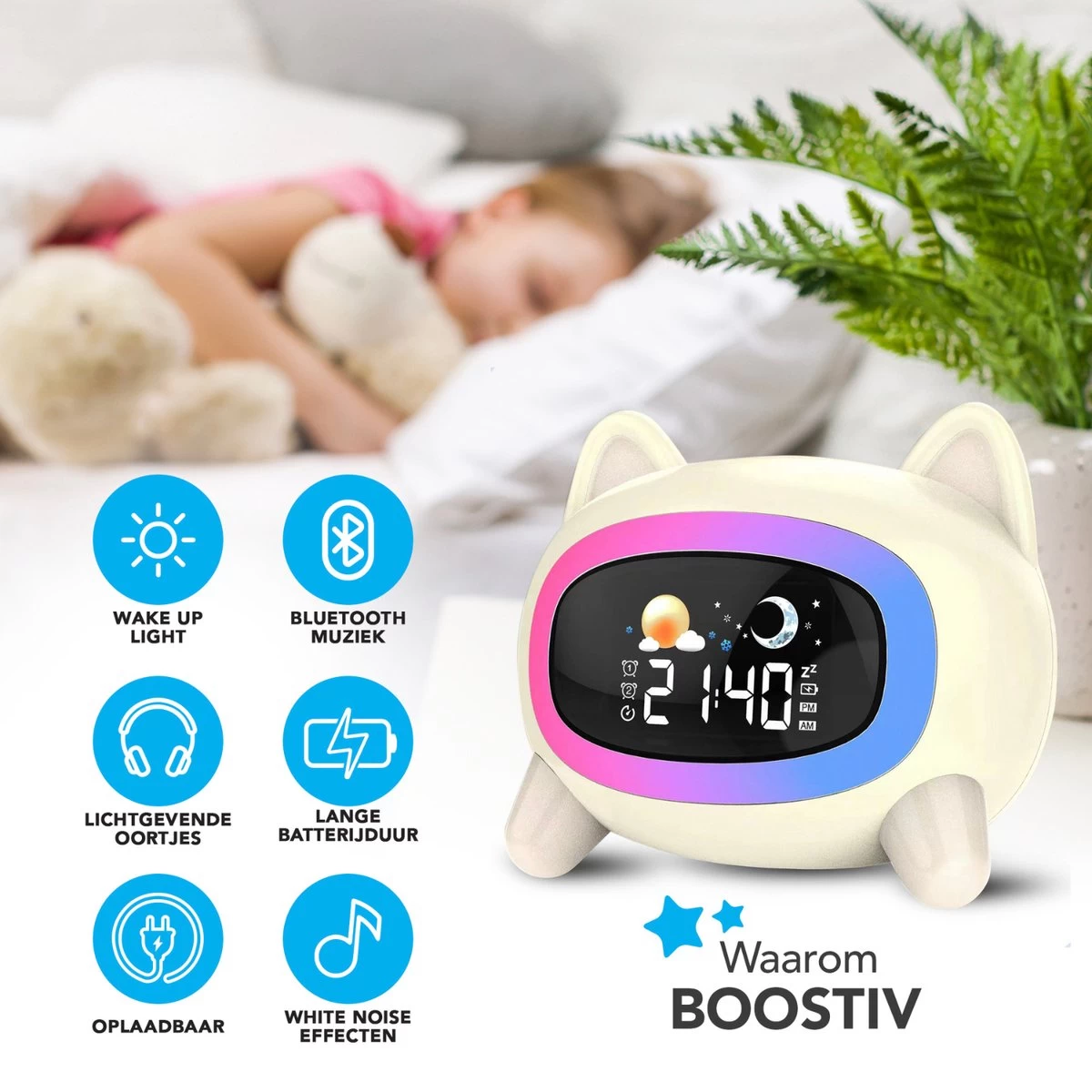 Boostiv Wake-up Light - Speaker Radio - Slaaptrainer - White Noise Machine - Bluetooth - Kinderwekker - Nachtlampje - Digitale Wekker - Afbeelding 8
