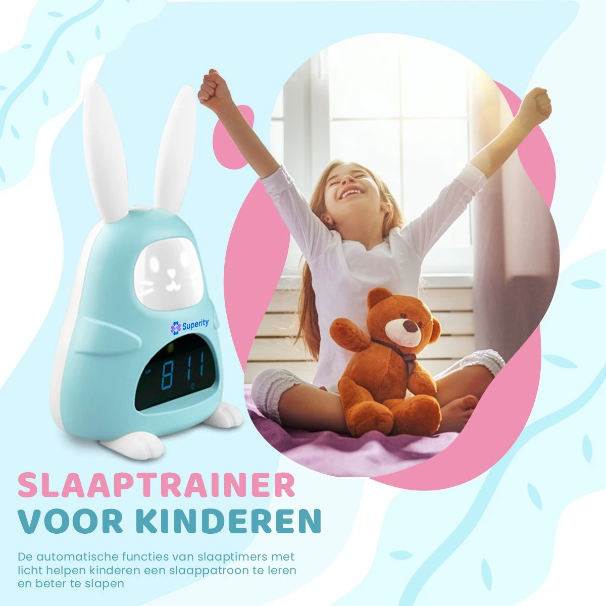 Superity Konijn - Slaaptrainer - Kinderwekker En Nachtlampje Voor Kinderen - Kinderwekker Digitaal - Digitale Wekker - Nachtlamp - Slaapwekker - Afbeelding 2