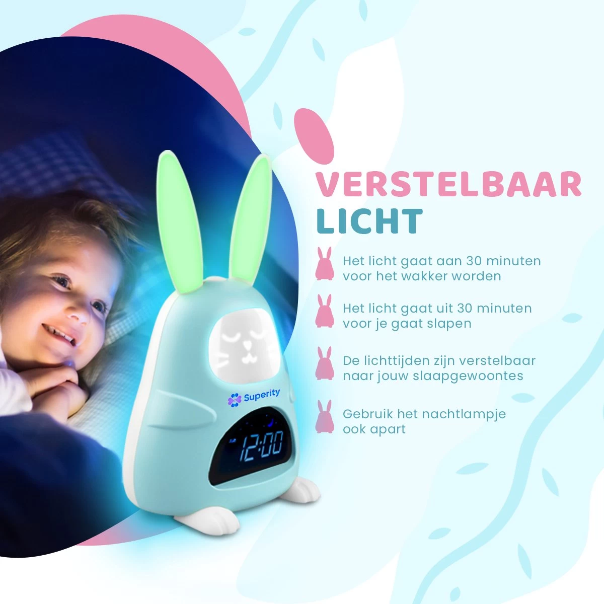 Superity Konijn - Slaaptrainer - Kinderwekker En Nachtlampje Voor Kinderen - Kinderwekker Digitaal - Digitale Wekker - Nachtlamp - Slaapwekker - Afbeelding 4