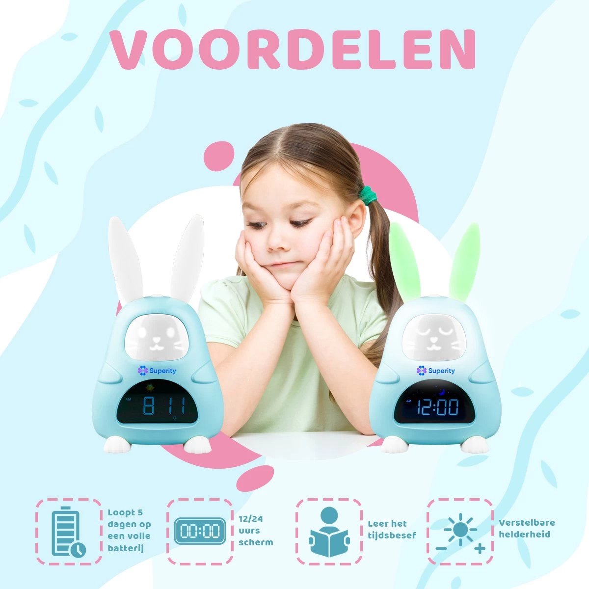 Superity Konijn - Slaaptrainer - Kinderwekker En Nachtlampje Voor Kinderen - Kinderwekker Digitaal - Digitale Wekker - Nachtlamp - Slaapwekker - Afbeelding 5