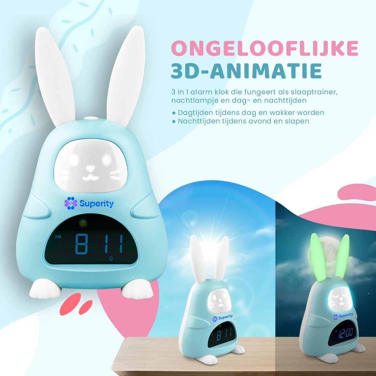 Superity Konijn - Slaaptrainer - Kinderwekker En Nachtlampje Voor Kinderen - Kinderwekker Digitaal - Digitale Wekker - Nachtlamp - Slaapwekker - Afbeelding 6