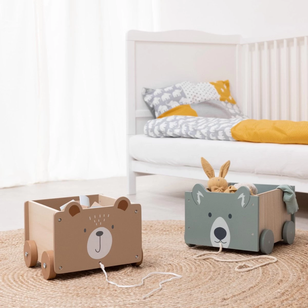 Navaris Houten Speelgoedkist Op Wielen - Opbergbox Voor Speelgoed - Inclusief Trektouw - Beer - 25,5 X 24 X 20 Cm - Bruin - Afbeelding 3