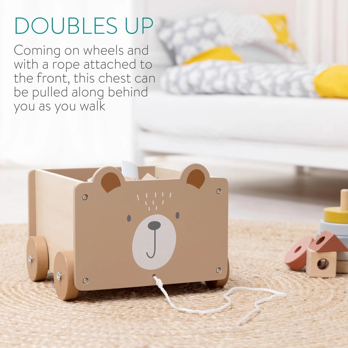 Navaris Houten Speelgoedkist Op Wielen - Opbergbox Voor Speelgoed - Inclusief Trektouw - Beer - 25,5 X 24 X 20 Cm - Bruin - Afbeelding 6