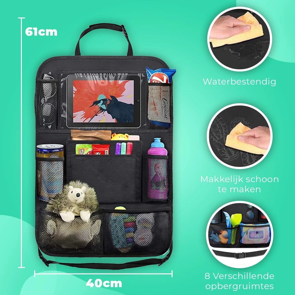 Essential Goods Autostoel Organizer - Inclusief IPadhouder - Opbergtas Auto - Multifunctioneel - Autostoelaccessoires 2 Stuks - Afbeelding 4