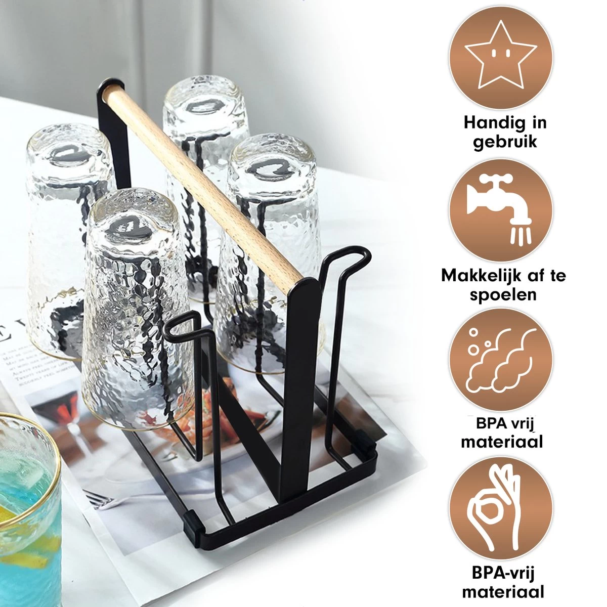 Flessenrek - Droogrek Babyfles - Flessen Rek Baby - Flessendroogrek - Afdruiprek - Afwasrek - Flessenrekje - Lekbak - Égouttoir - Zwart Met Houten Handvat - Vetalo - Afbeelding 3