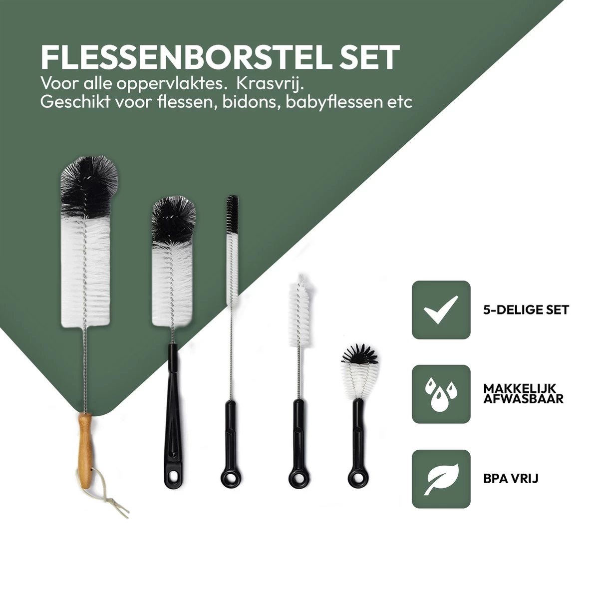 STACK Flessenborstel Set | Speenborstel Set - Flessen Reiniger Set - Melkfles Borstel Set - Drinkfles Reiniger Set - Schoonmaakborstel Set - Flessenreiniger Set - Pijpenborstel - Kras En BPA Vrij - 5 Delige Set Voor Ieder Oppervlak - Afbeelding 2