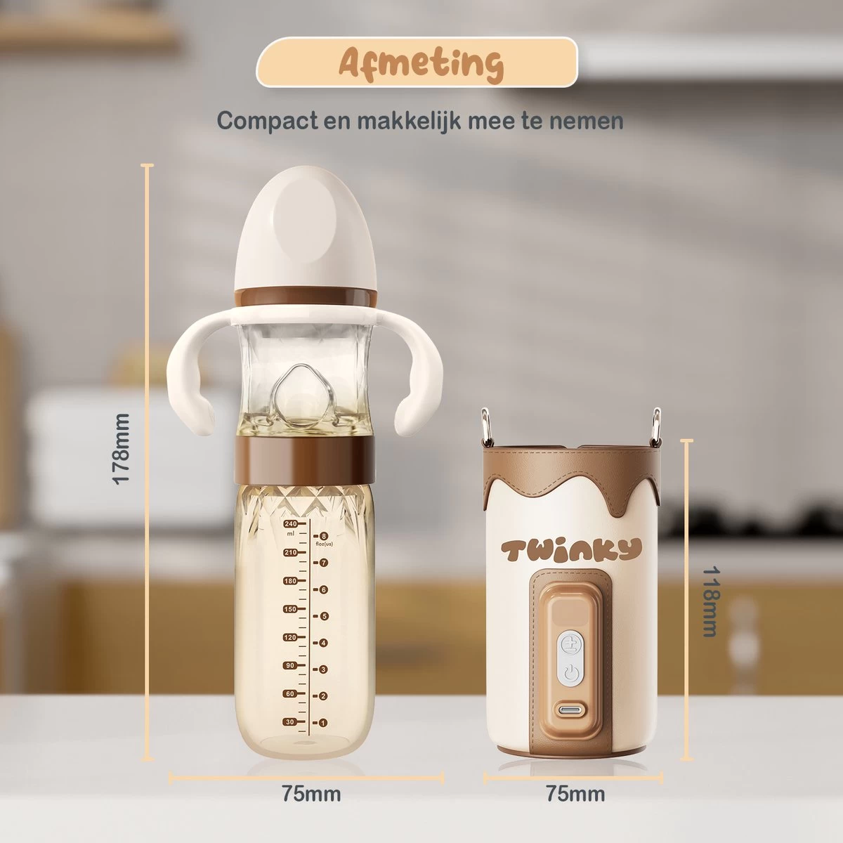 Twinky® Bottlewarmer GO – Draagbare Baby Flessenwarmer Voor Onderweg En Thuis – Incl. PPSU-Kwaliteit Babyflesje + Poederdoosje – USB-C Oplaadbaar - Afbeelding 3