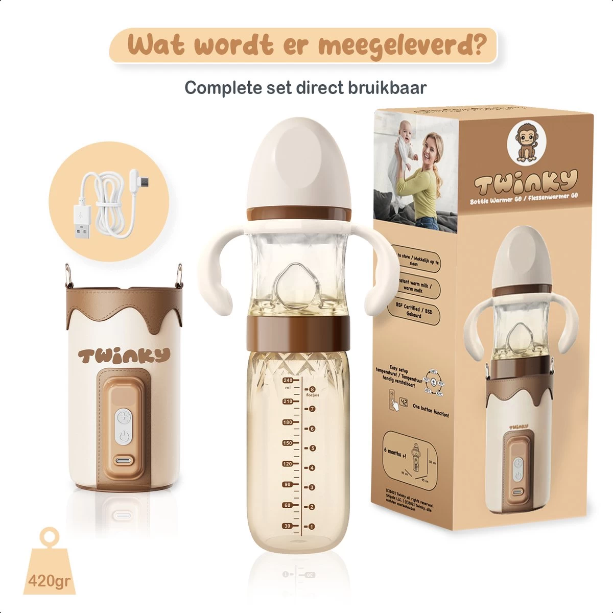 Twinky® Bottlewarmer GO – Draagbare Baby Flessenwarmer Voor Onderweg En Thuis – Incl. PPSU-Kwaliteit Babyflesje + Poederdoosje – USB-C Oplaadbaar - Afbeelding 8