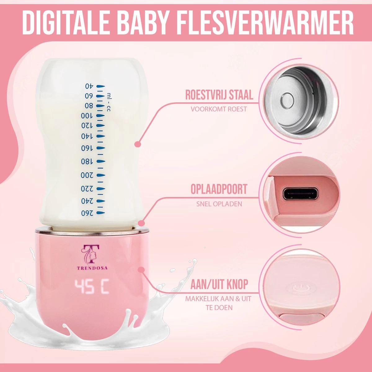 Trendosa Flessenwarmer Set - Draagbare Baby Flessenwarmer Voor Onderweg- Incl Speendoosje - Roze - Afbeelding 8