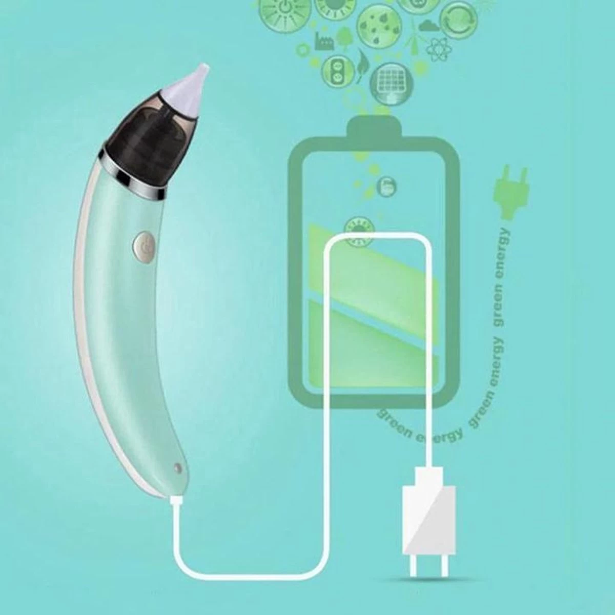 A&K Elektrische Oplaadbare Neuspeer Voor Baby En Kinderen - Inclusief Oplader, Handleiding En Batterijen - Hygiënische Neusreiniger - Baby Aspirator - Neuszuiger - Baby Neuspompje - Toetenveger - Snoetenpoetser - Mintgroen - Neusspoeler - Afbeelding 2