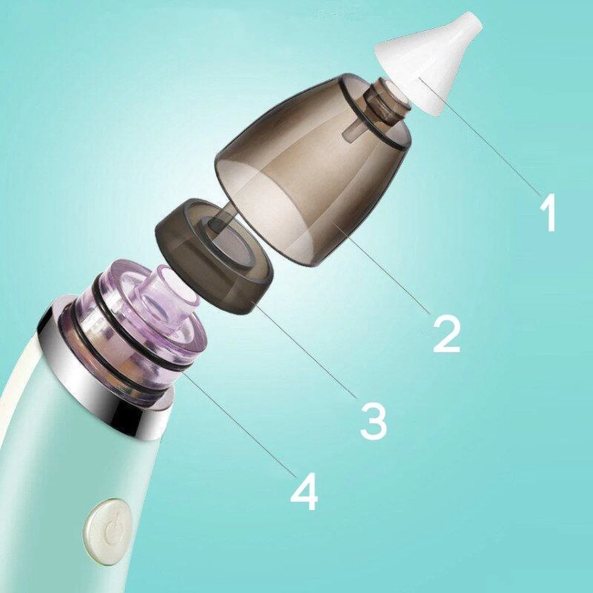 A&K Elektrische Oplaadbare Neuspeer Voor Baby En Kinderen - Inclusief Oplader, Handleiding En Batterijen - Hygiënische Neusreiniger - Baby Aspirator - Neuszuiger - Baby Neuspompje - Toetenveger - Snoetenpoetser - Mintgroen - Neusspoeler - Afbeelding 3