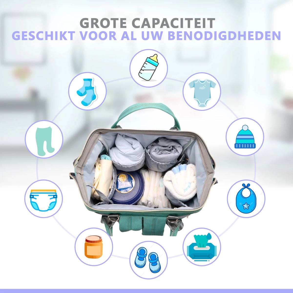 Luiertas Rugzak - Gratis Flessenwarmer En Gratis Kinderwagen Haken - Eindeloos Opbergruimte - Ruime Luiertas - Draaggemak - Mint-groen - Afbeelding 2