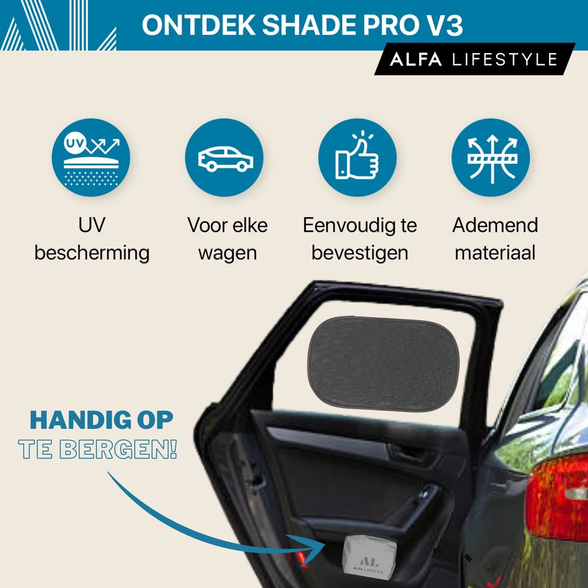 ALFA LIFESTYLE® Statische Zonneschermen - SHADE PRO V3 – Zwart Transparant Zonnescherm – UV Protectie Bescherming - Zonwering Auto - 2 Stuks - Afbeelding 4