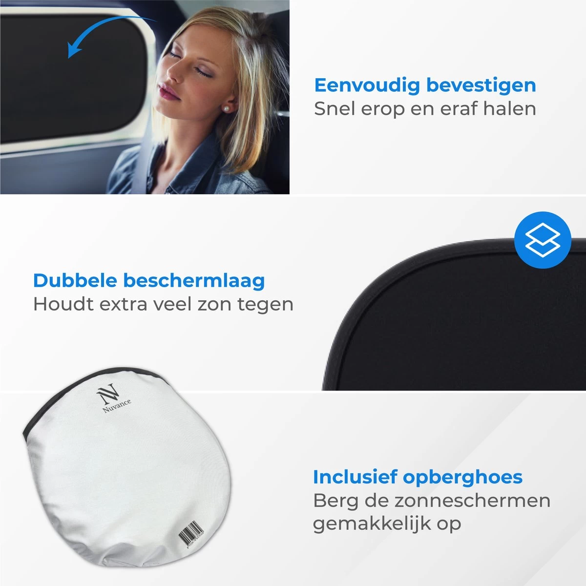 Nuvance - Zonnescherm Auto - 2 Stuks - Met UV Protectie Voor Baby En Kind - Zonwering Zijruiten - Zelfklevend - One Size - Zwart - Afbeelding 6