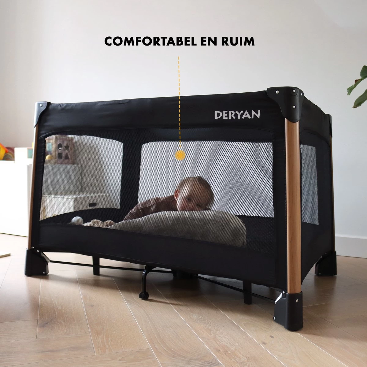 Deryan Luxe Campingbed Compleet - 120x60cm - Bodemverhoger - Verschoonblad - Opbergmand - Zwart - Afbeelding 10