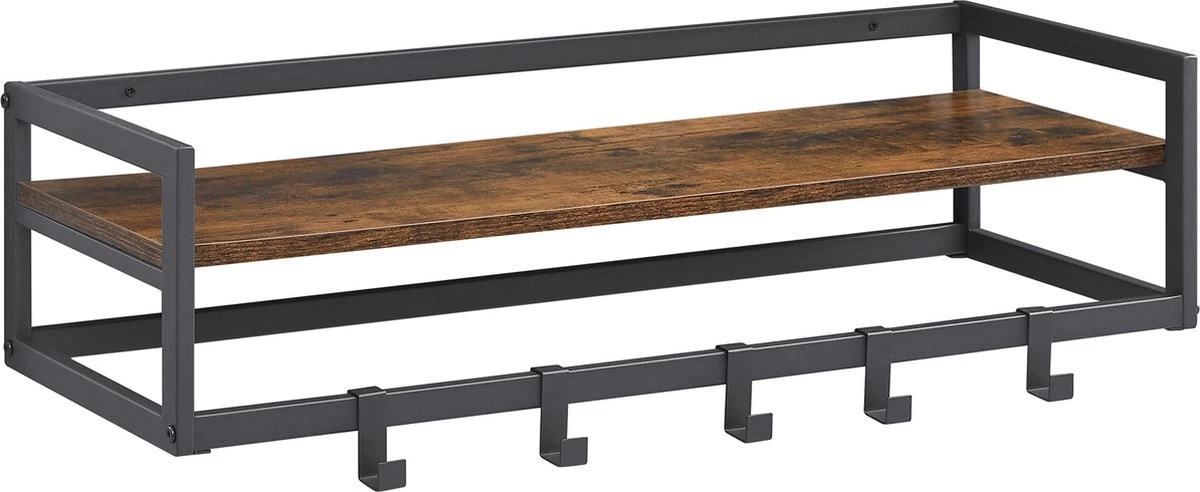 MIRA Home - Industriële Wandkapstok Met Houten Plank En 6 Haken - Zwart Metalen Frame - 80cm Breed - Afbeelding 8