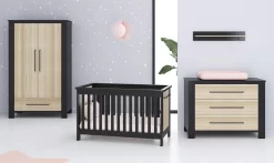 Cabino Babykamer Oxford - Babybed & Commode & Kledingkast - Verstelbare Bodem - Zwart/Eiken
