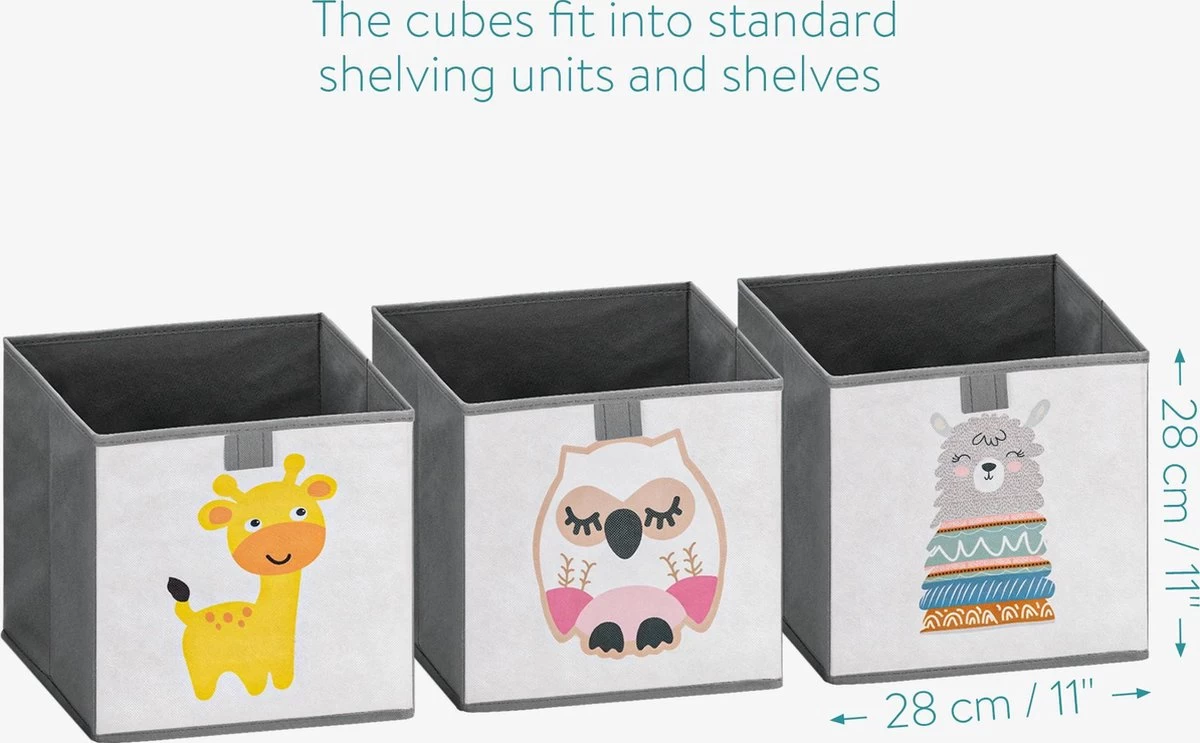Navaris Opbergdozen Voor Kinderen - Set Van 3 Opbergboxen Met Treklus - 28 X 28 X 28 Cm - Opvouwbaar - Speelgoedbakken Met Dierenmotief - Afbeelding 3