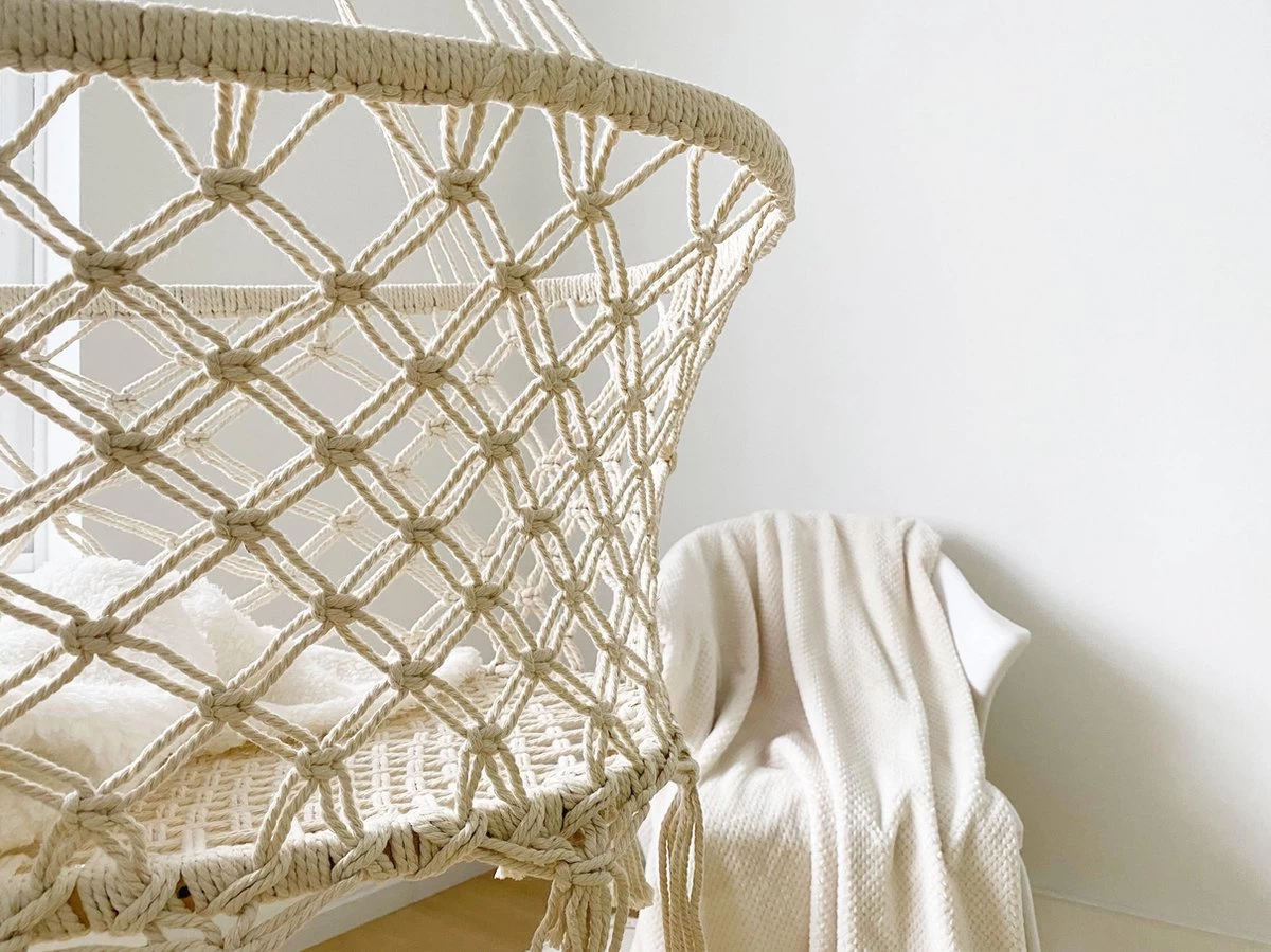 Hangwieg - Macramé Baby Wieg - Gehaakte Baby Kribbe - Bassinet - Inclusief Bevestigingsmaterialen - Afbeelding 2