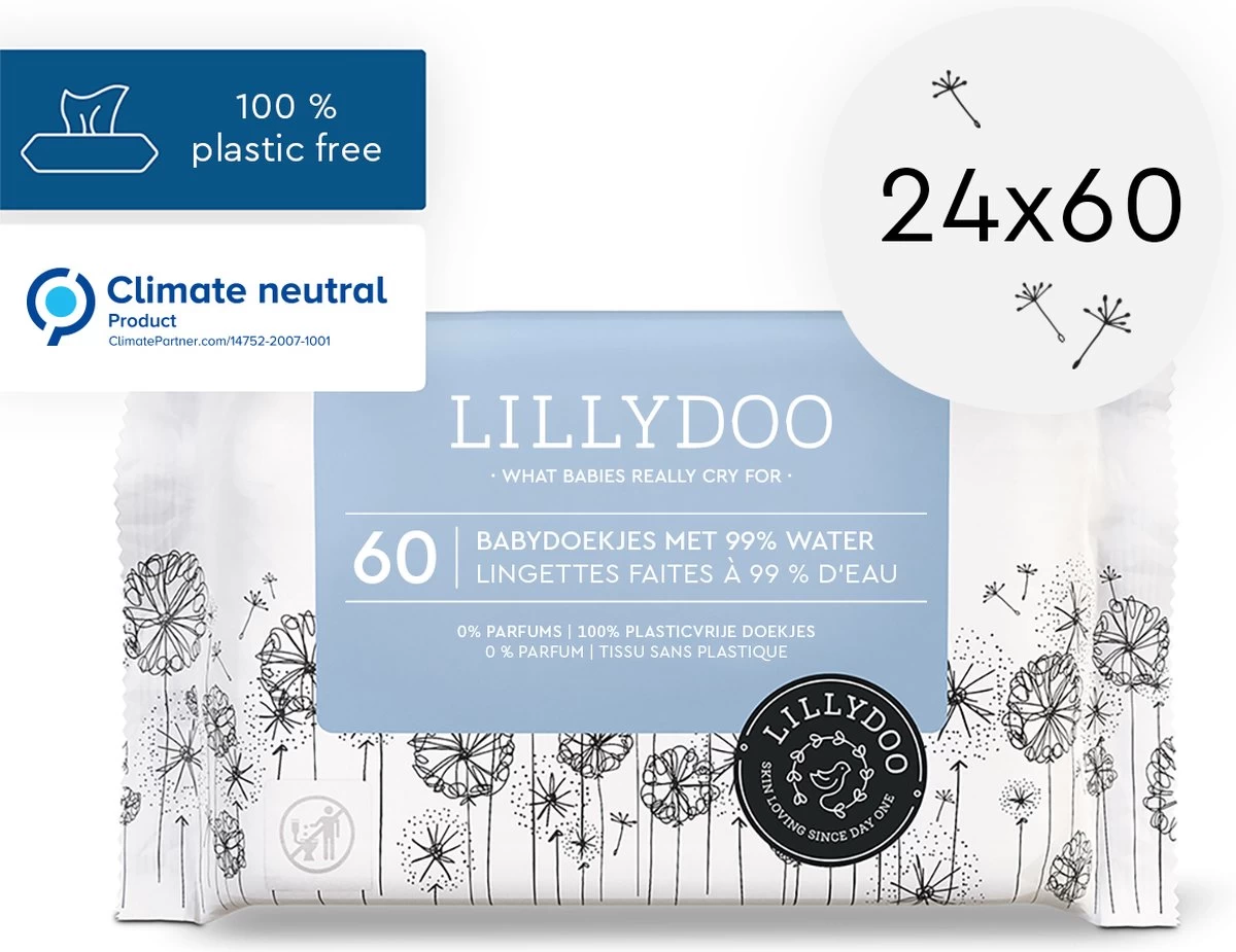 LILLYDOO Babydoekjes Met 99% Water - 1440 Billendoekjes (24x60) 100% Vrij Van Plastic En Parfum