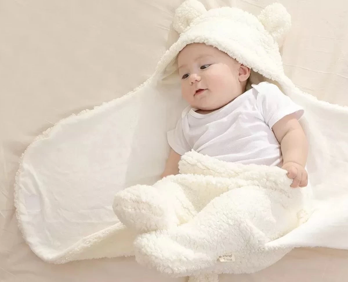 Fiory Baby Wikkeldoek Teddybeer| Inbakerdoek| Slaapzak| Zachte Vacht| Kinderwagen| Muts En Oortjes| Eerste Baby Maanden| Roze - Afbeelding 5
