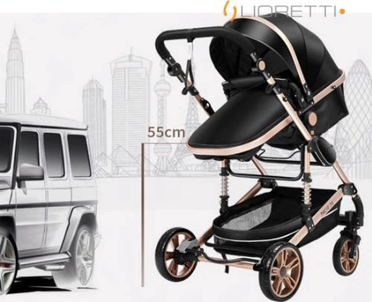 Merkloos Lioretti® Luxe Baby Buggy 3 In 1 | Baby Wagen | Kinderwagen Met Stoel En Wieg | Inklapbaar | Hoge Kwaliteit | Combi | Zwart - Afbeelding 3