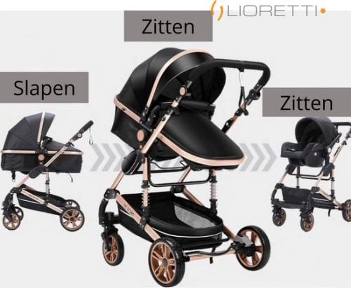Merkloos Lioretti® Luxe Baby Buggy 3 In 1 | Baby Wagen | Kinderwagen Met Stoel En Wieg | Inklapbaar | Hoge Kwaliteit | Combi | Zwart - Afbeelding 5