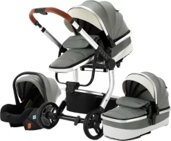 Merkloos BrightWise Luxe Kinderwagen 3 In 1 Voldoet Aan Alle Europese Veiligheidscertificaten - Wandelwagen - Kinderwagen 3-in-1 Incl Autostoel - Kinderwagen Maxi Cosi – Buggy 3 In 1 - Newborn - Leer - Grijs