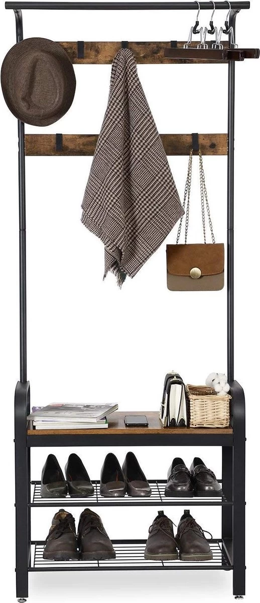 LIVILO - Garderoberek Met Kapstok - Schoenenrek - Industrieel - 183HX72B CM - Zwart