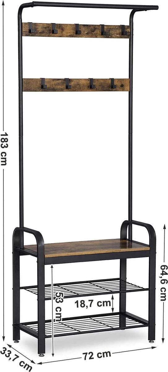 LIVILO - Garderoberek Met Kapstok - Schoenenrek - Industrieel - 183HX72B CM - Zwart - Afbeelding 10