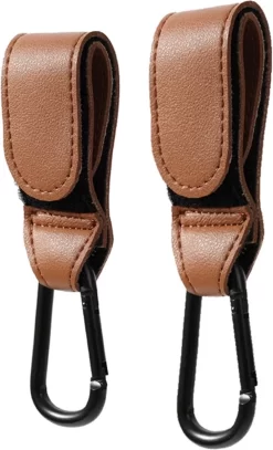 Merkloos Kinderwagen Haak Set Van 2 PU Leer Bruin -Verstelbare Buggy Haak - Luiertas Hangers Met Klittenband