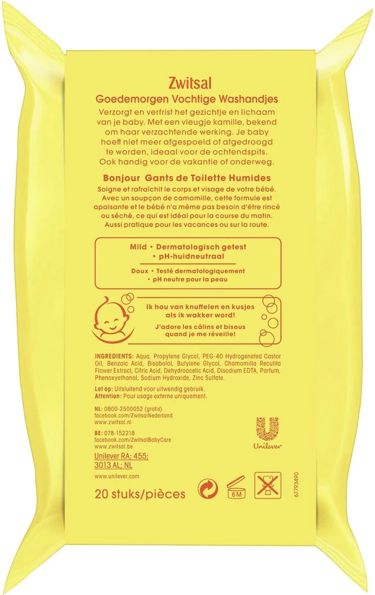 Zwitsal Baby Goedemorgen Vochtige Washandjes - 4 X 20 Stuks - Voordeelverpakking - Afbeelding 5