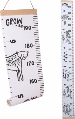 Groeimeter Kinderkamer Safari Dieren "grow Wild" - Canvas - Hout - 200x20 Cm - Decoratie Meetlint - Wanddecoratie
