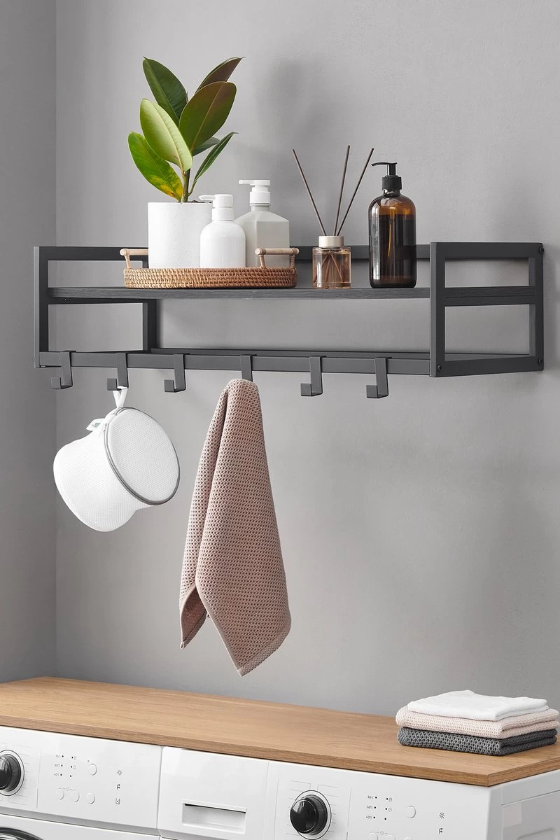 MIRA Home - Industriële Wandkapstok Met Legplank En 6 Haken - Zwart - 80cm Breed - Afbeelding 4