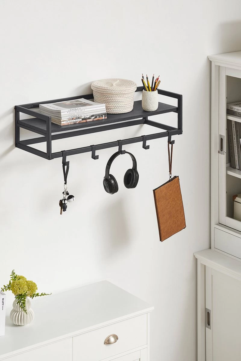 MIRA Home - Industriële Wandkapstok Met Legplank En 6 Haken - Zwart - 80cm Breed - Afbeelding 8