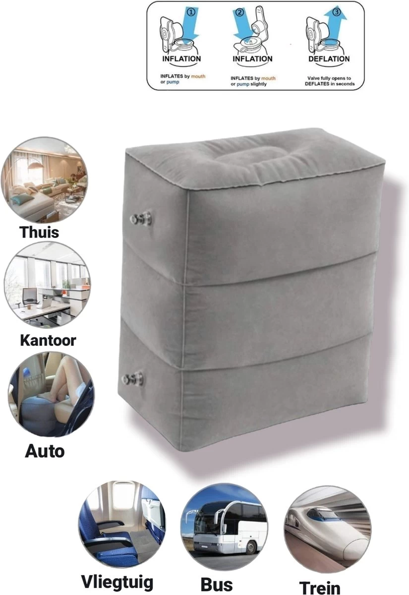 Merkloos Vliegtuigbedje - Voetkussen Opblaasbaar - Voetensteun - Voetenbankje - 3 Hoogte Standen - Reiskussen - Afbeelding 5