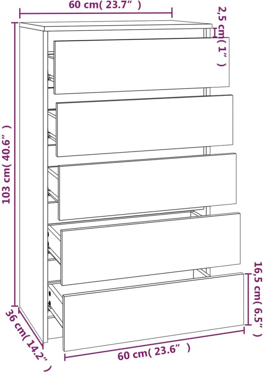 VidaXL Ladekast 60x36x103 Cm Bewerkt Hout Zwart - Afbeelding 3