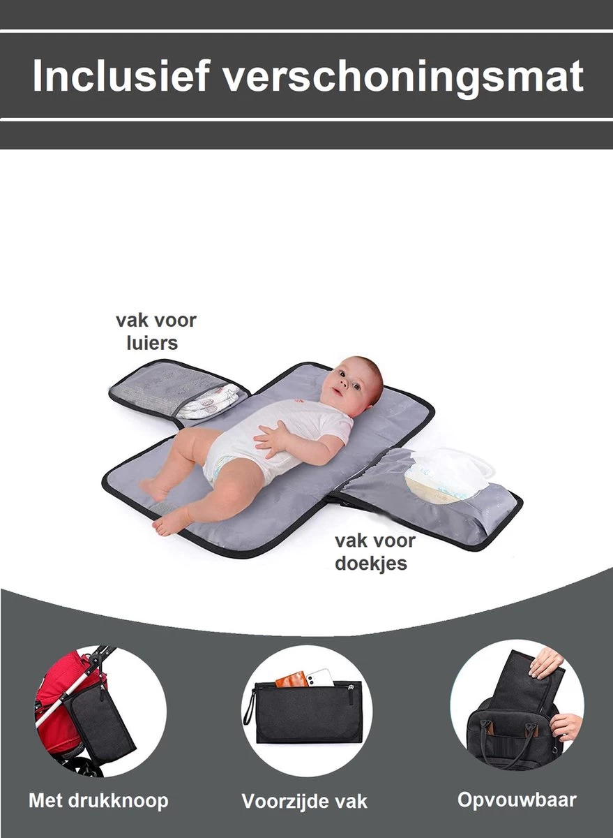 Luiertas Rugzak - Incl. Buggy / Kinderwagen Haken En Verschoningsmat - Complete Set - Zwart Van Zedar - Afbeelding 2