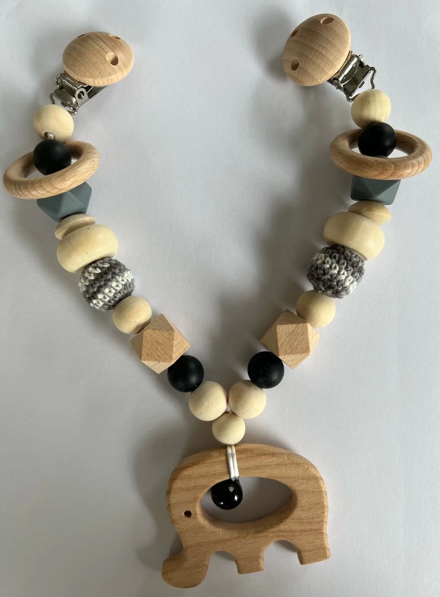 Littlecutiez - Wagenspanner Dombo - Olifant - Gehaakt - Hout - Kralen - Kinderwagen - Buggy - Kraamcadeau - Baby - Zilver - Afbeelding 2