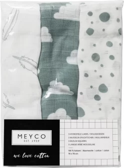 Meyco Clouds/Dots/Feathers Hydrofiele Doeken - 3-pack - Stone Green - 70x70cm