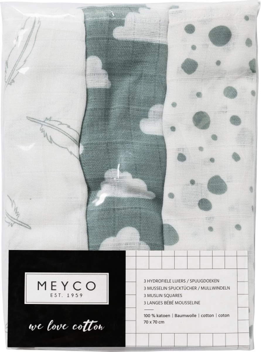 Meyco Clouds/Dots/Feathers Hydrofiele Doeken - 3-pack - Stone Green - 70x70cm