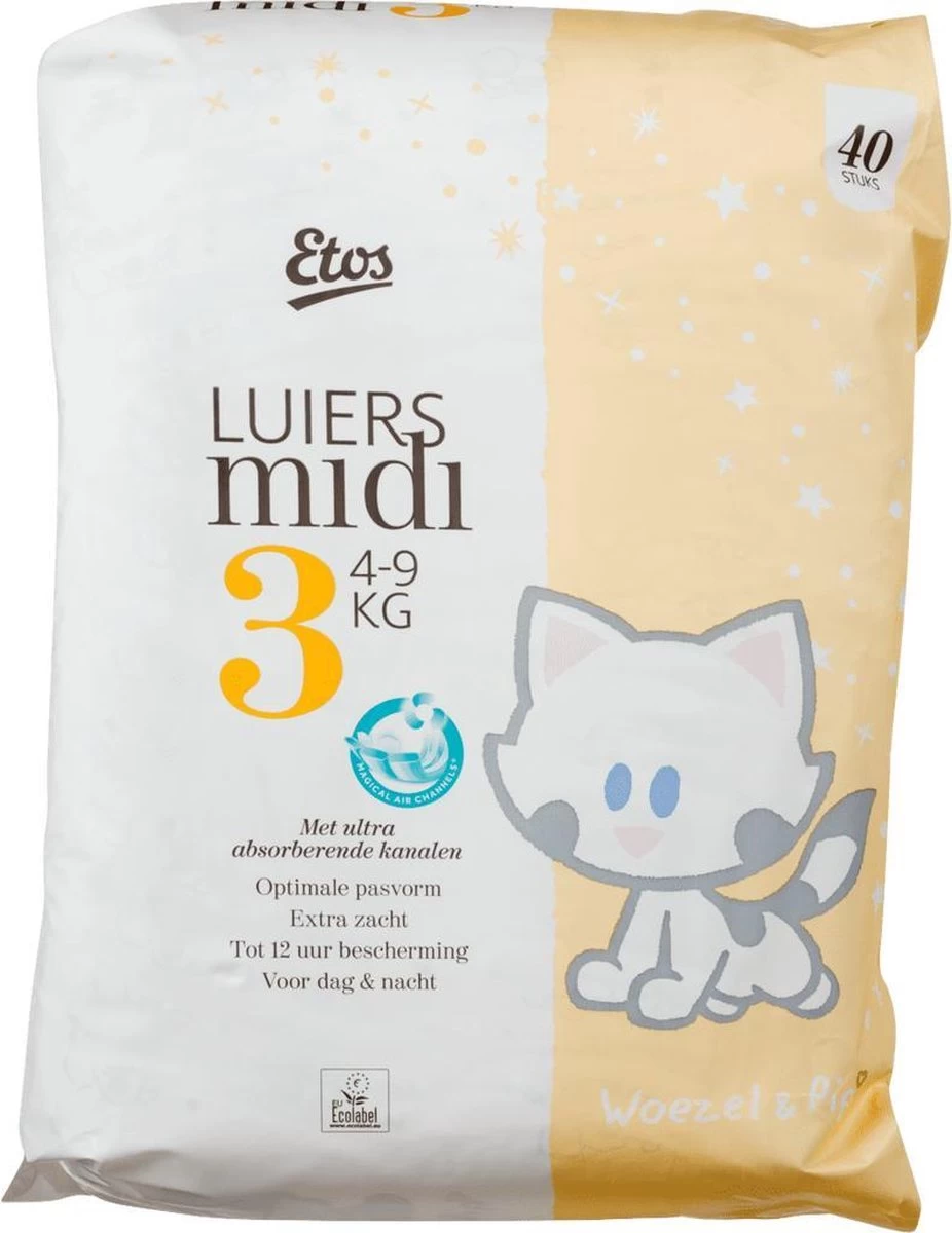 Etos Woezel & Pip Luiers - Midi - Maat 3 - 4 Tot 9kg - 120 Stuks (3x40) - Afbeelding 2