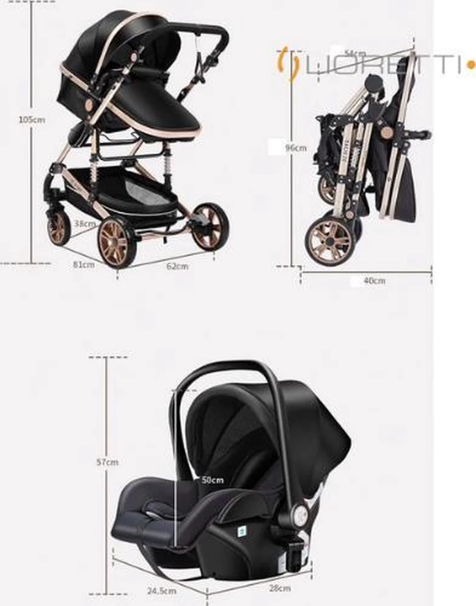 Merkloos Lioretti® Luxe Baby Buggy 3 In 1 | Baby Wagen | Kinderwagen Met Stoel En Wieg | Inklapbaar | Hoge Kwaliteit | Combi | Zwart - Afbeelding 11
