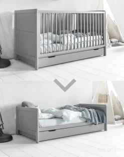 Petite Amélie ® Ledikant - Babybed Met Matras Grijs 70x140 Cm - Meegroeibed 0 - 6 Jaar - Groeit Met Je Kind Mee