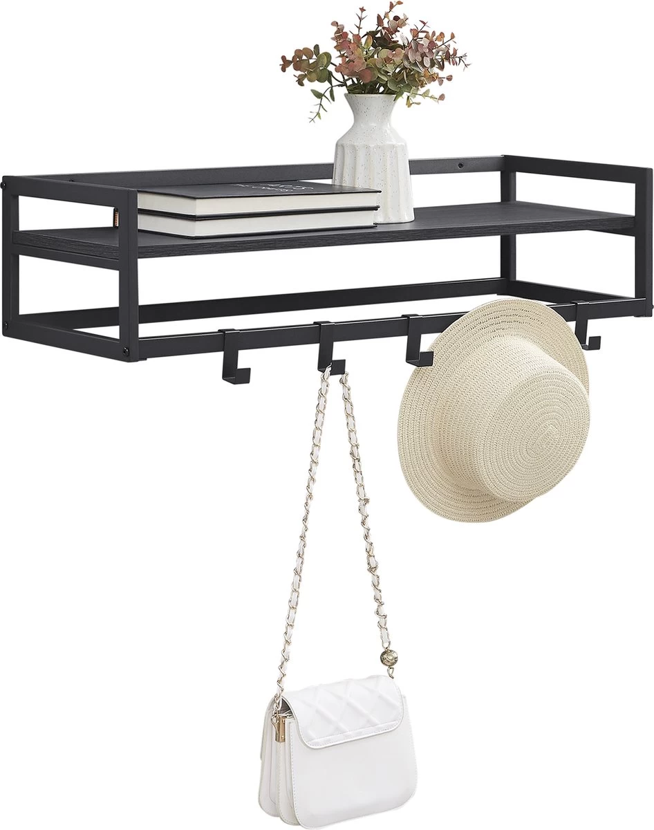 MIRA Home - Industriële Wandkapstok Met Legplank En 6 Haken - Zwart - 80cm Breed